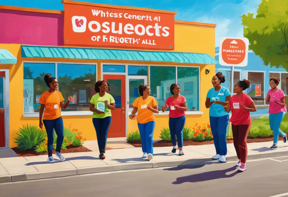 A vibrant community scene featuring diverse individuals engaging in wellness activities, with a colorful health center in the background. Include signs highlighting 'Budget-Friendly Care' and 'Health for All'. Show people of different ages and backgrounds interacting, smiling, and benefiting from the services. The atmosphere should be warm and inviting, representing empowerment and accessibility in healthcare. bright colors. community art style.