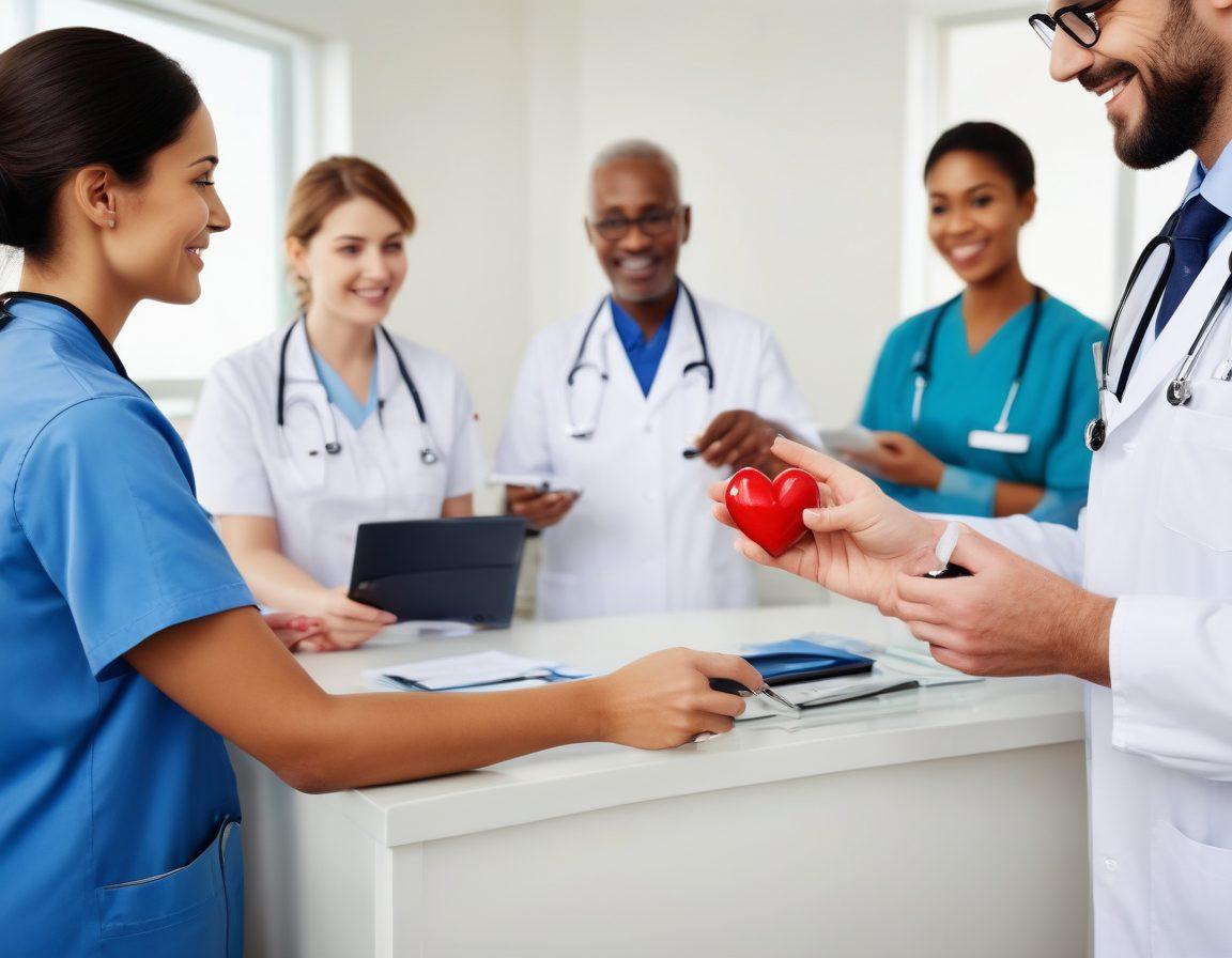 A caring healthcare professional gently assisting a diverse group of patients, showcasing compassion and understanding, set against a backdrop of a bright, inviting clinic with budget-friendly health care icons like a wallet and heart. Emphasize warmth and accessibility, with soft lighting and friendly expressions. vibrant colors. super-realistic. white background.