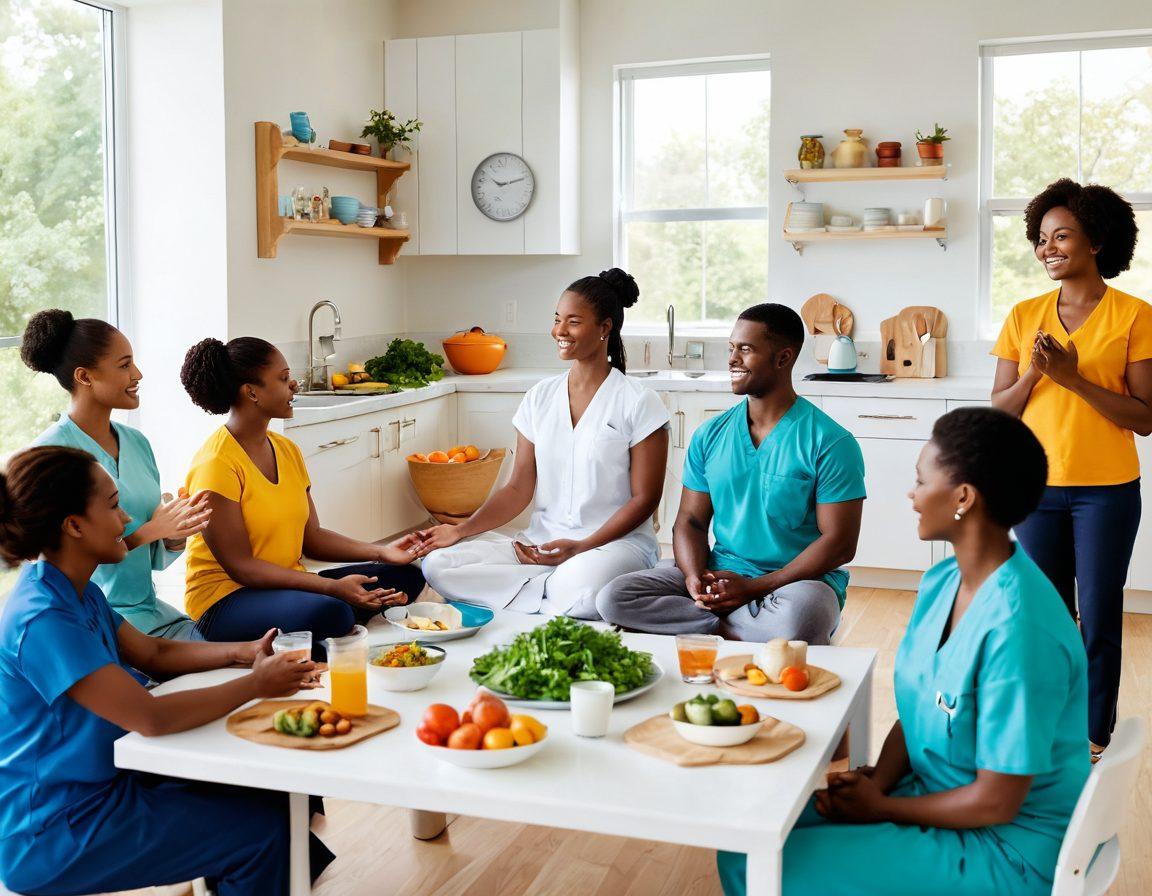 A serene healthcare setting featuring a diverse group of people engaging in various low-cost wellness activities, such as meditation, exercise, and healthy cooking. Include visuals of affordable medical assistance like telehealth consultations and community health programs. Bright, uplifting colors to convey positivity and accessibility, with imagery of supportive relationships and a welcoming environment. super-realistic. vibrant colors. white background.
